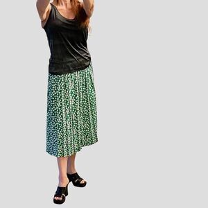 Vtg 90s Andrea Gayle Green Pleated Black White Floral Maxi Skirt 14.5” 12 M L